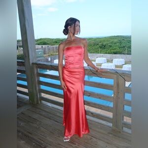 Peppermayo Strapless Satin Maxi Dress in Coral
